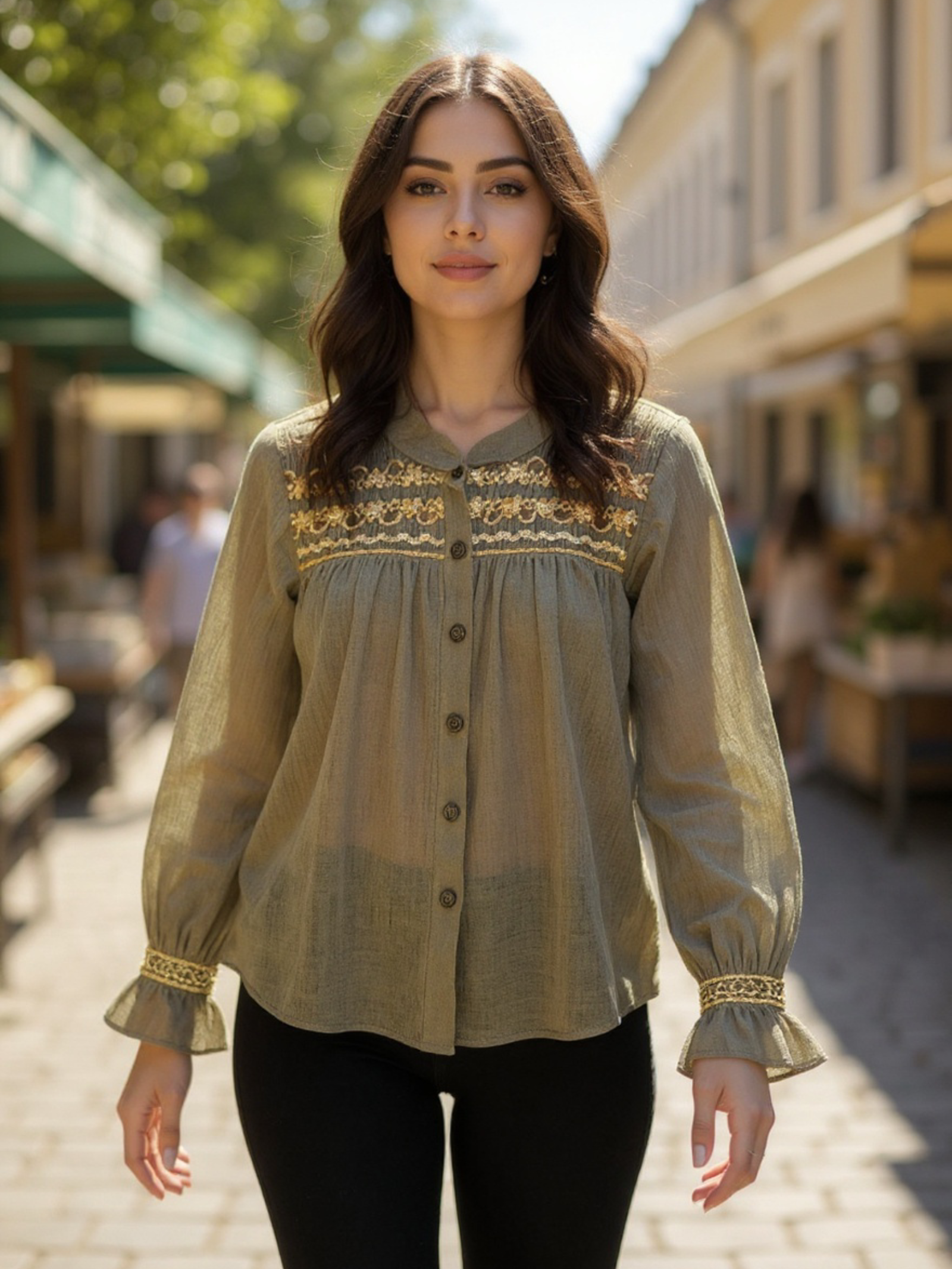 Chemisier kaki à broderies Azalée